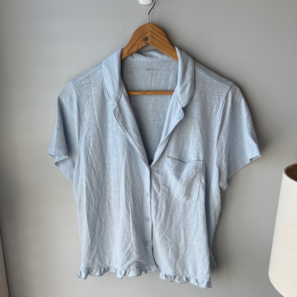 GapBody Blue Linen Blend Ruffle Short‎ Sleeve Pajama Top